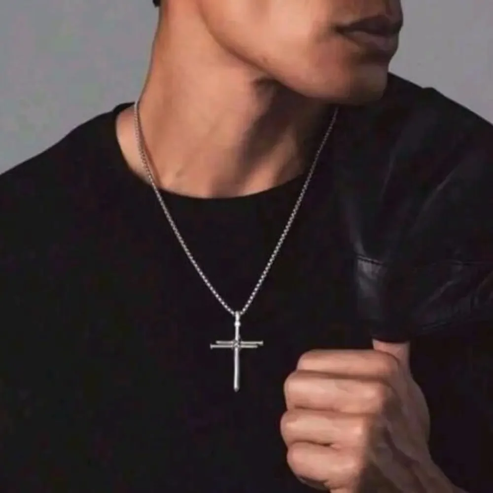 Men’s Silver Stainless Steel Nail Cross Necklace Statement Christian Faith Gift